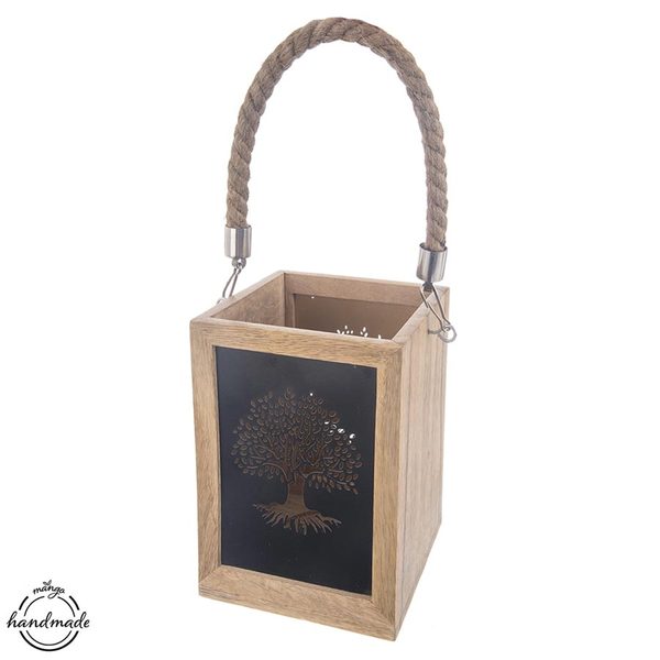 Svícen dřevo/kov MANGO Strom života - 14 x 14 x 20/39cm,celk.š.18cm