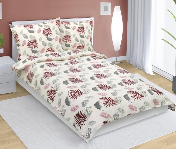 Povlečení krepové - 140x220, 70x90 cm vínové peříčko na smetanové