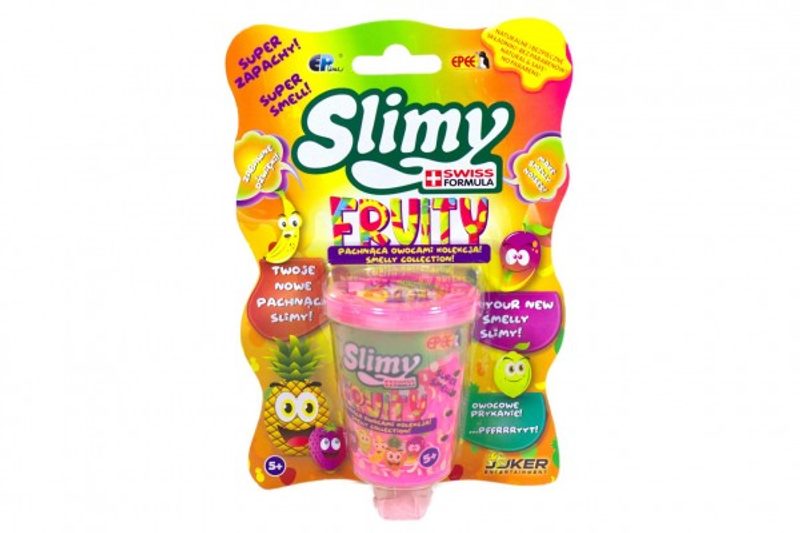 Sliz - hmota 100g v barvě ovoce 8cm, v plastové krabičce na kartě různé druhy