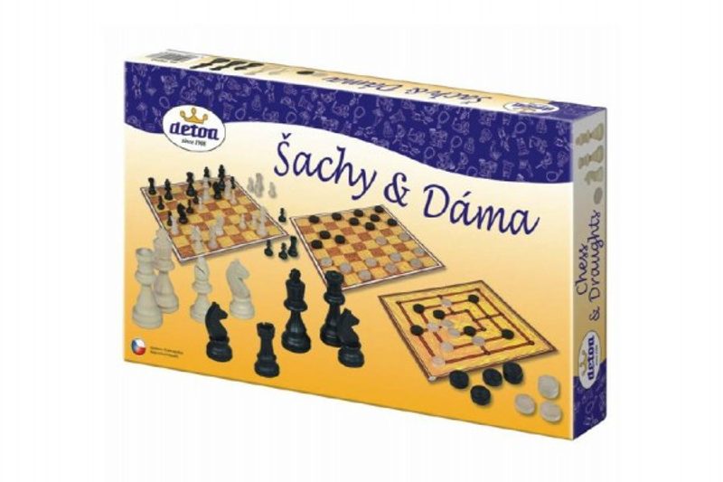 Šachy a dáma dřevěné figurky a kameny společenská hra v krabici 35x23x4cm