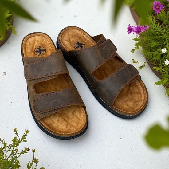 Pantofle pánské Mediline M02 hnědé kožené na vysoký nárt