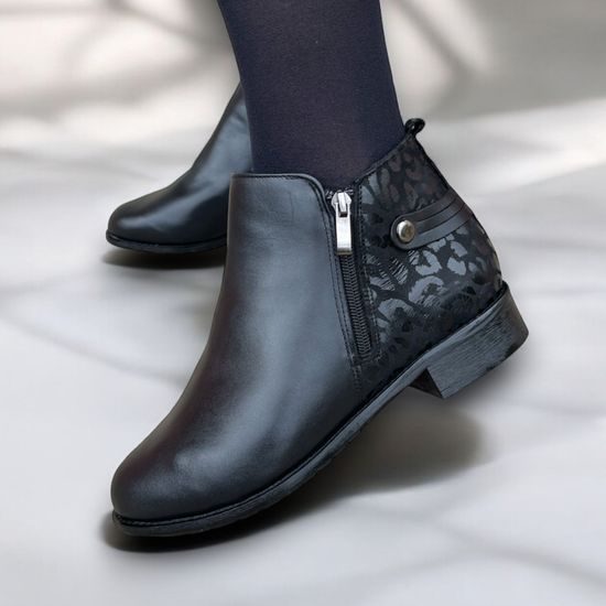 Dámské zimní kotníkové boty kožené De Plus 9642-K-M - black/F-241 černé zateplené na široké chodidlo