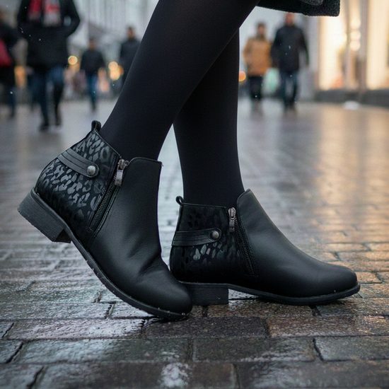 Dámské zimní kotníkové boty kožené De Plus 9642-K-M - black/F-241 černé zateplené na široké chodidlo