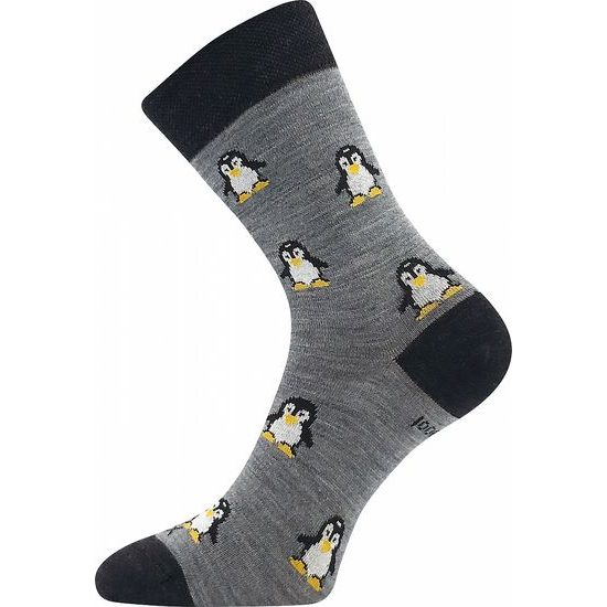 Veselé merino ponožky Voxx Sněženka se stříbrem tučňáci sv. šedé