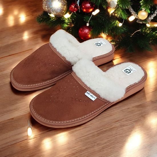 Dámské pantofle s ovčí vlnou hnědé