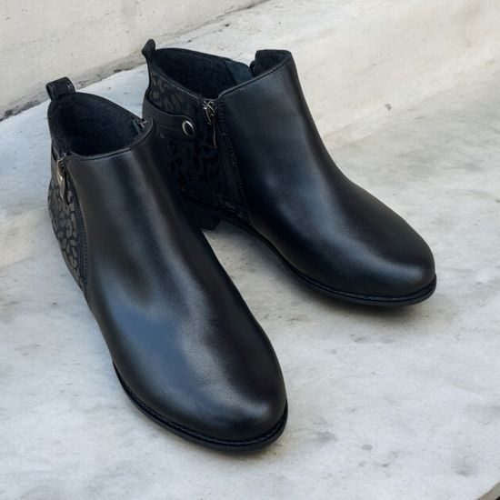 Dámské zimní kotníkové boty kožené De Plus 9642-K-M - black/F-241 černé zateplené na široké chodidlo