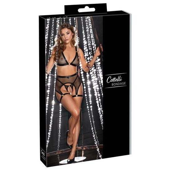 Cottelli Net Matte Look Triangle Bra, Suspender Belt & Crotchless String Set