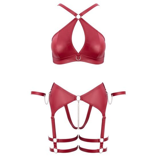 Cottelli Wireless Bra & Crotchless Suspender Thong Matte Look Set with Handcuffs