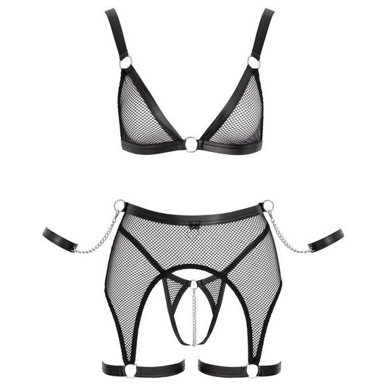 Cottelli Net Matte Look Triangle Bra, Suspender Belt & Crotchless String Set