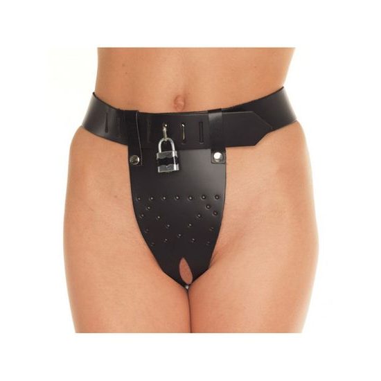 Rimba Chastity Belt with Two Holes In Crotch Padlock Included - Kožený pás cudnosti pro ženy