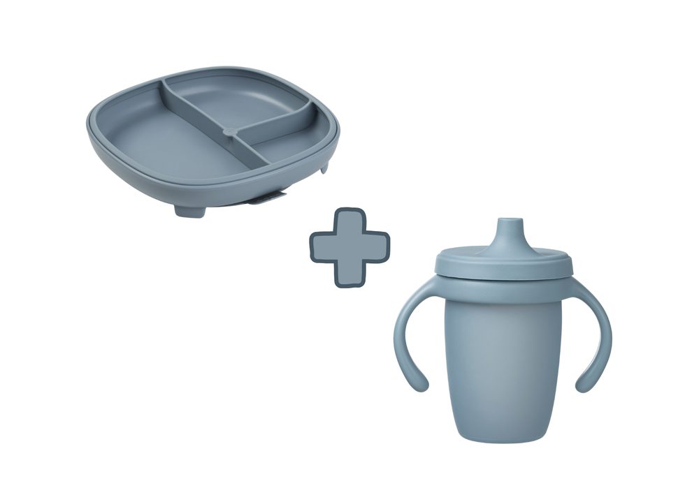 b.box Dělený talířek s přísavkou + silikonový hrneček s pítkem 240 ml - set modrý