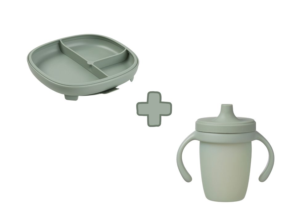 b.box Dělený talířek s přísavkou + silikonový hrneček s pítkem 240 ml - set zelený