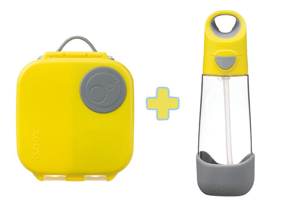 b.box Svačinový box střední + Lahev s brčkem 600 ml - žlutá/šedá