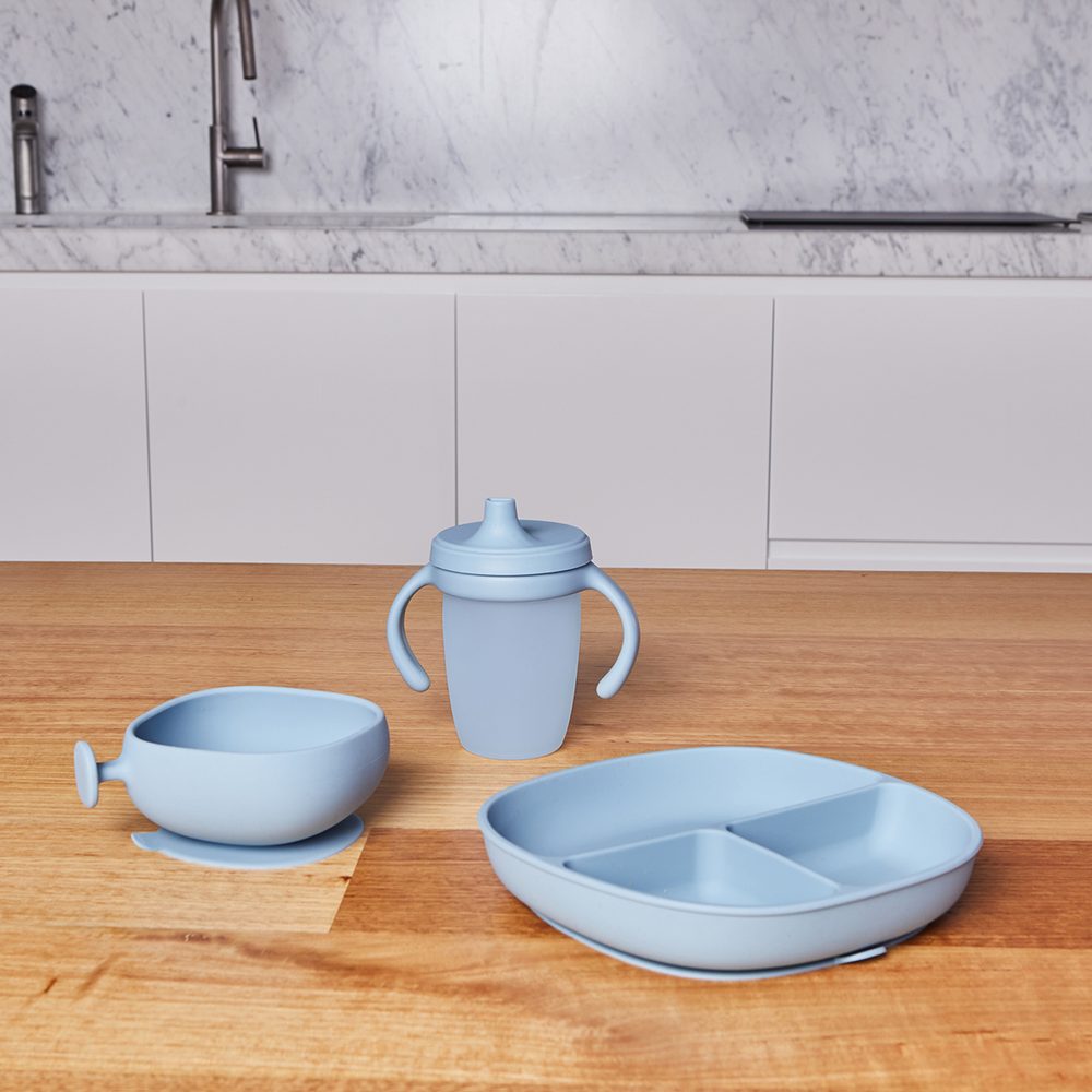 b.box Dělený talířek + silikonová miska - set s přísavkou modrý