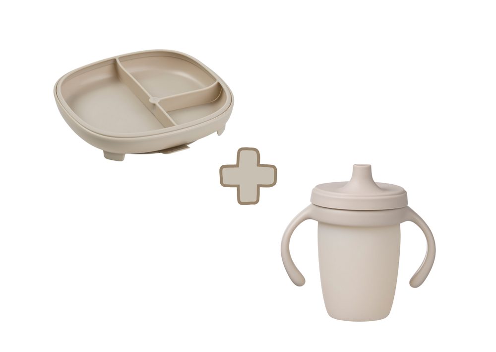 b.box Dělený talířek s přísavkou + silikonový hrneček s pítkem 240 ml - set béžový