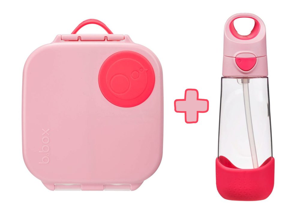 b.box Svačinový box střední + Lahev s brčkem 600 ml - set flamingo fizz