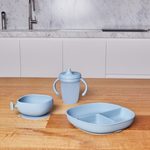 Delený tanierik + silikónová miska s viečkom - set s prísavkou modrý