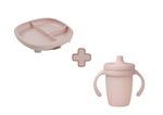 Delený tanierik s prísavkou + silikónový hrnček s náustkom 240 ml - set ružový