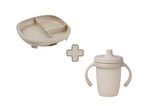 Delený tanierik s prísavkou + silikónový hrnček s náustkom 240 ml - set béžový