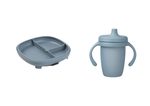 Delený tanierik s prísavkou + silikónový hrnček s náustkom 240 ml - set modrý