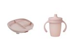 Delený tanierik s prísavkou + silikónový hrnček s náustkom - set ružový
