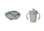 Delený tanierik s prísavkou + silikónový hrnček s náustkom 240 ml - set zelený