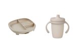 Delený tanierik s prísavkou + silikónový hrnček s náustkom 240 ml - set béžový