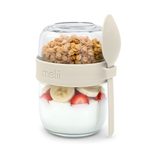 Skleněná dóza na jogurt a salát se lžičkou 660 ml - béžová