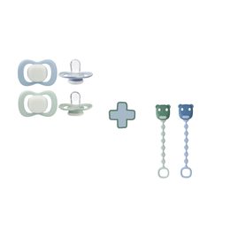 Set silikónových cumlíkov a klipov 0-6M GLOW - modrá/zelená