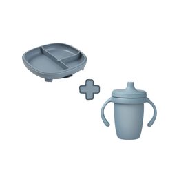 Delený tanierik s prísavkou + silikónový hrnček s náustkom 240 ml - set modrý