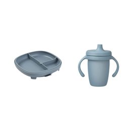 Delený tanierik s prísavkou + silikónový hrnček s náustkom 240 ml - set modrý