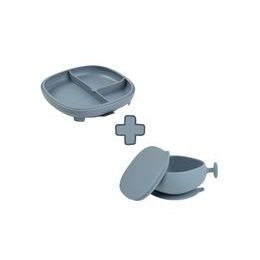 Delený tanierik + silikónová miska s viečkom - set s prísavkou modrý