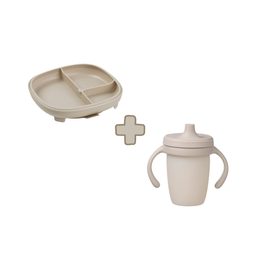 Delený tanierik s prísavkou + silikónový hrnček s náustkom 240 ml - set béžový