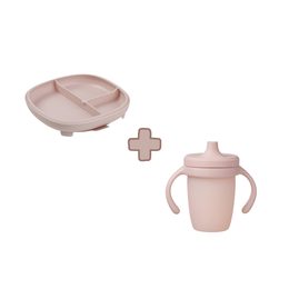 Delený tanierik s prísavkou + silikónový hrnček s náustkom 240 ml - set ružový
