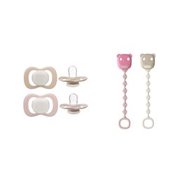 Set silikónových cumlíkov 0–6 m GLOW a klipov - ružový/béžový