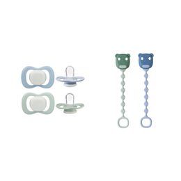 Set silikónových cumlíkov 0–6 m GLOW a klipov – modrý/zelený