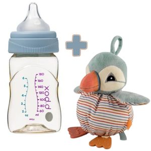 Kulatý papuchalk s kousátkem a Antikoliková kojenecká láhev - modrá