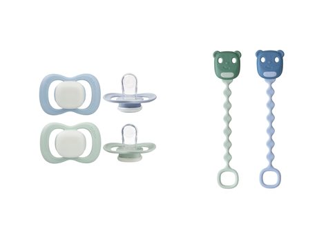 Set silikónových cumlíkov 0–6 m GLOW a klipov – modrý/zelený