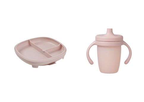 Delený tanierik s prísavkou + silikónový hrnček s náustkom - set ružový