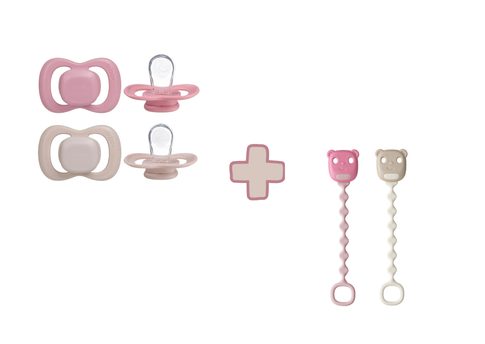 Set silikónových cumlíkov a klipov 0-6M - berry/blush