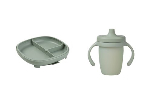 Delený tanierik s prísavkou + silikónový hrnček s náustkom 240 ml - set zelený
