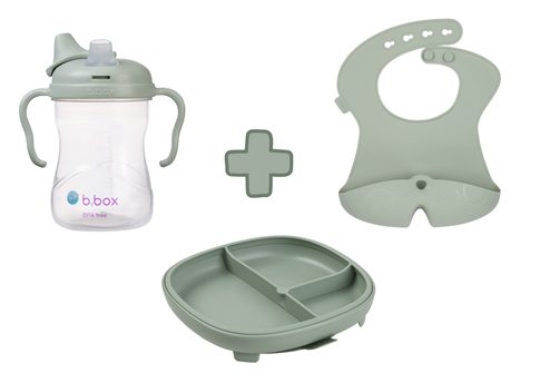 Delený tanierik s prísavkou + Hrnček s náustkom + Silikónový podbradník - set zelený