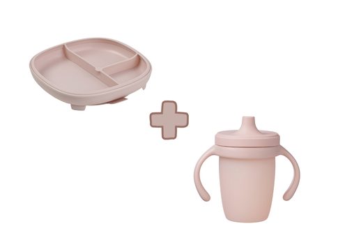 Delený tanierik s prísavkou + silikónový hrnček s náustkom 240 ml - set ružový