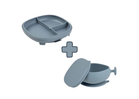 Delený tanierik + silikónová miska s viečkom - set s prísavkou modrý