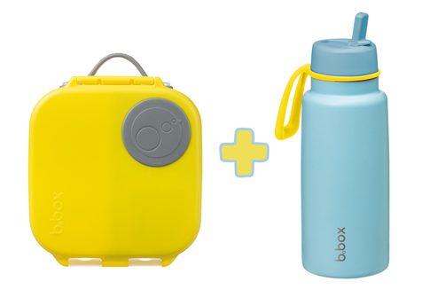 Svačinový box střední + Nerezová termolahev 1l - set modrý/žlutý