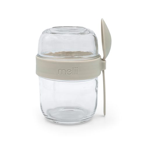 Skleněná dóza na jogurt a salát se lžičkou 660 ml - béžová