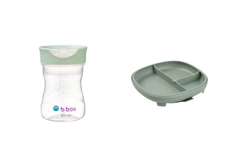 Delený tanierik s prísavkou + Hrnček pre batoľatá - set zelený