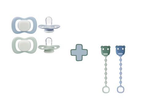 Set silikónových cumlíkov a klipov 0-6M GLOW - modrá/zelená