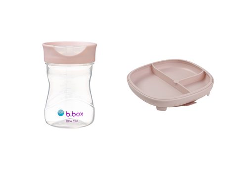 Delený tanierik s prísavkou + Hrnček pre batoľatá - set ružový
