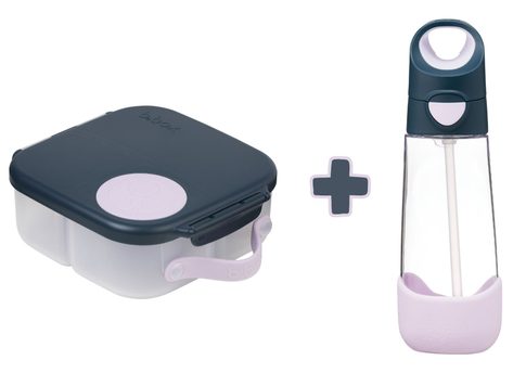 Box na občerstvenie stredný + Fľaša so slamkou 600 ml - indigo/ružová